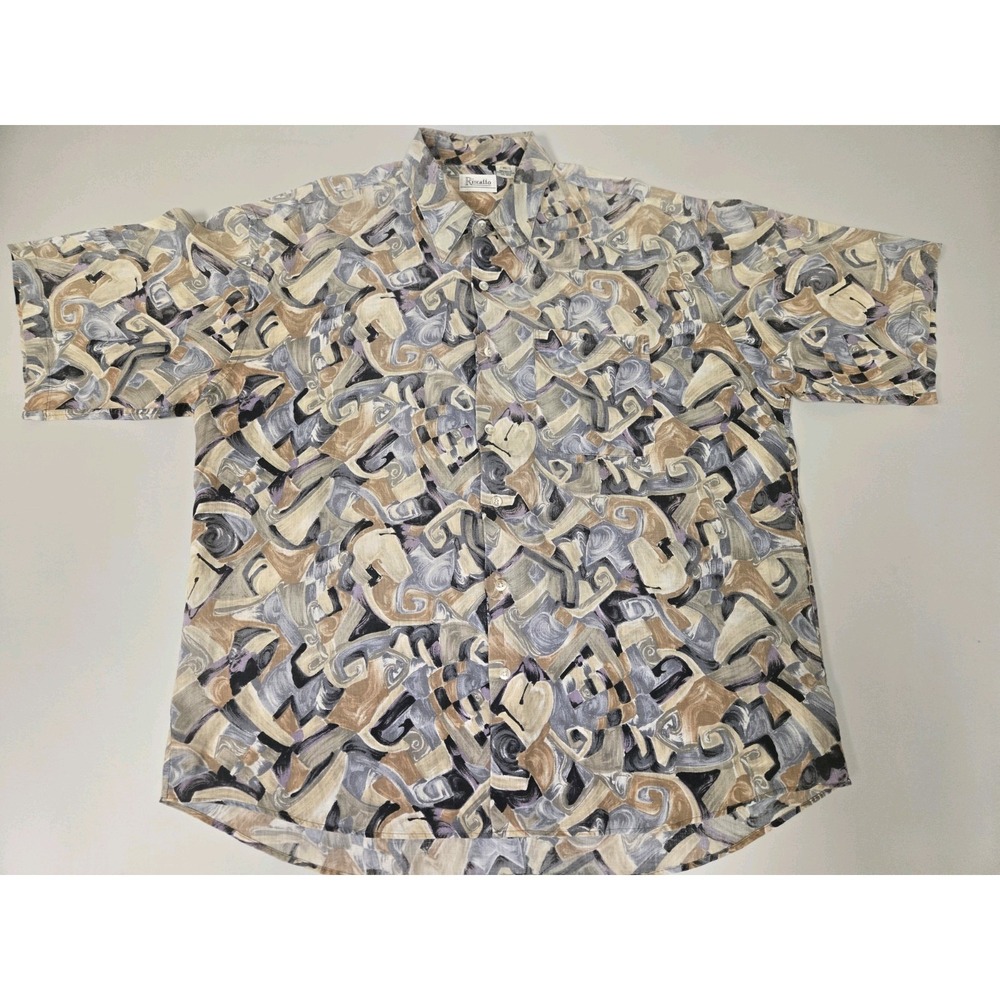 Vintage Riscatto Abstract Print Short Sleeve Button Up Linen Shirt Size XL‎ 90s